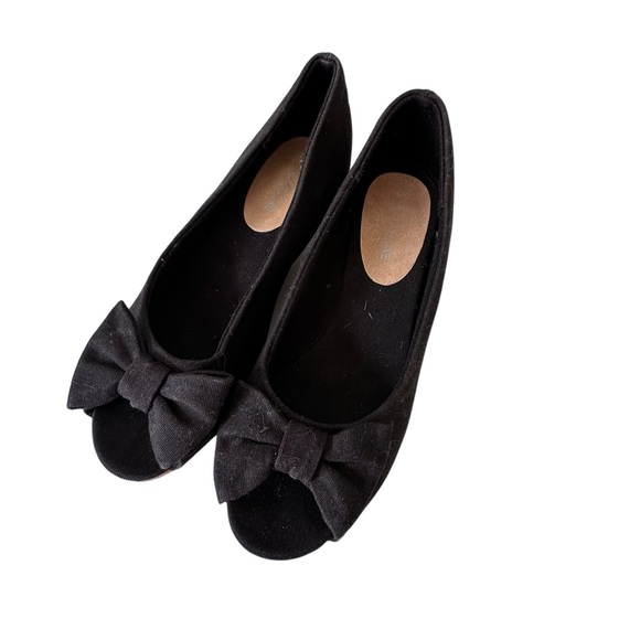AMERICAN EAGLE Girls Black Fabric Bow Tie Cork Wedge Open Toe Heels - Picture 1 of 7